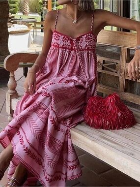 Women Boho Long Sun Dress Maxi Tassel Beach Crochet Summer Beach Pink Red M